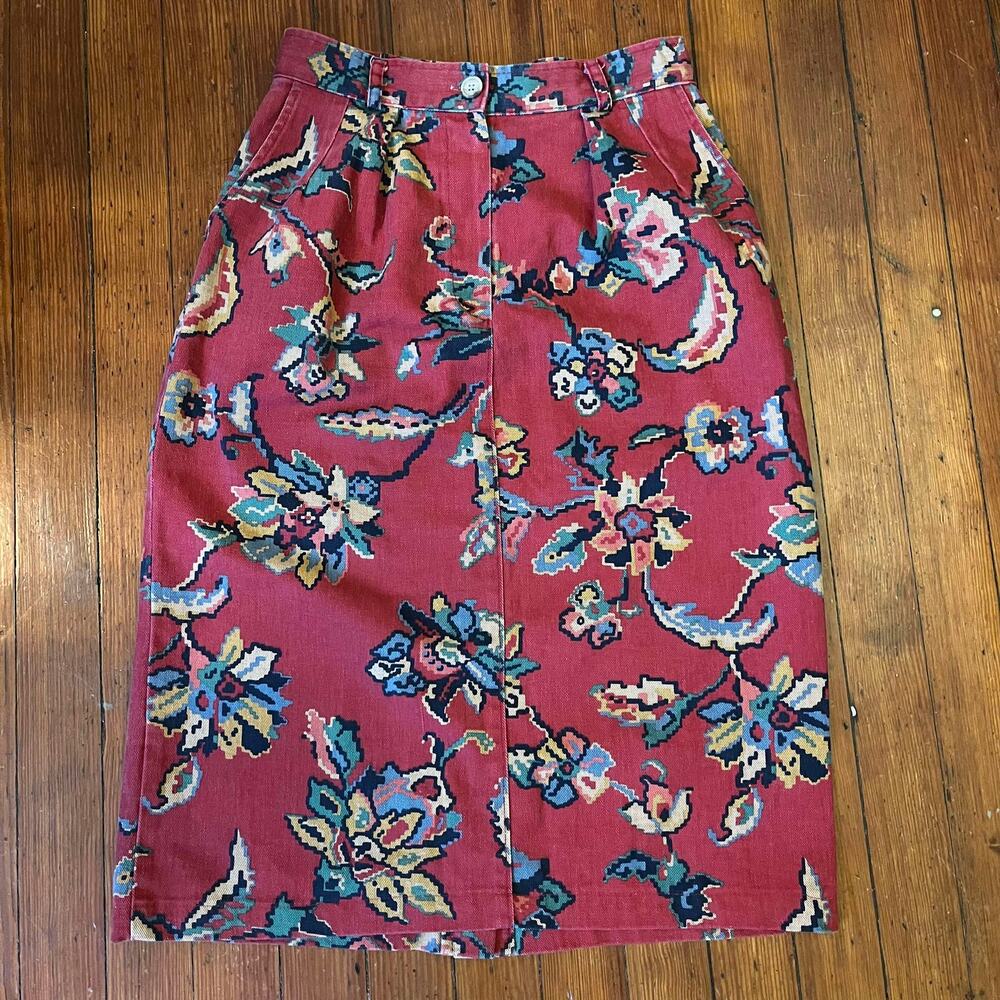 Vintage Red Floral Patterned Denim Midi Skirt Willowbend Size 28